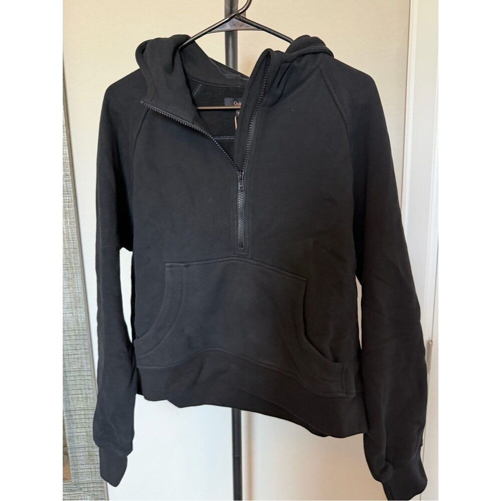 Quince Organic Heavyweight Fleece Cropped Half Zip Hoodie / Black/S